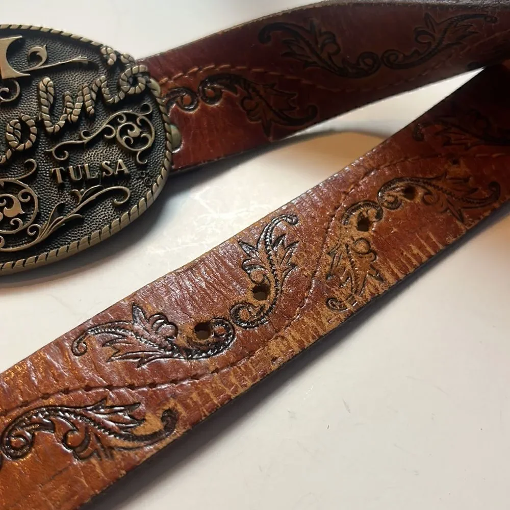 leather tooled belt with buckle hand stained latitan sz 36 western cowboy rodeo